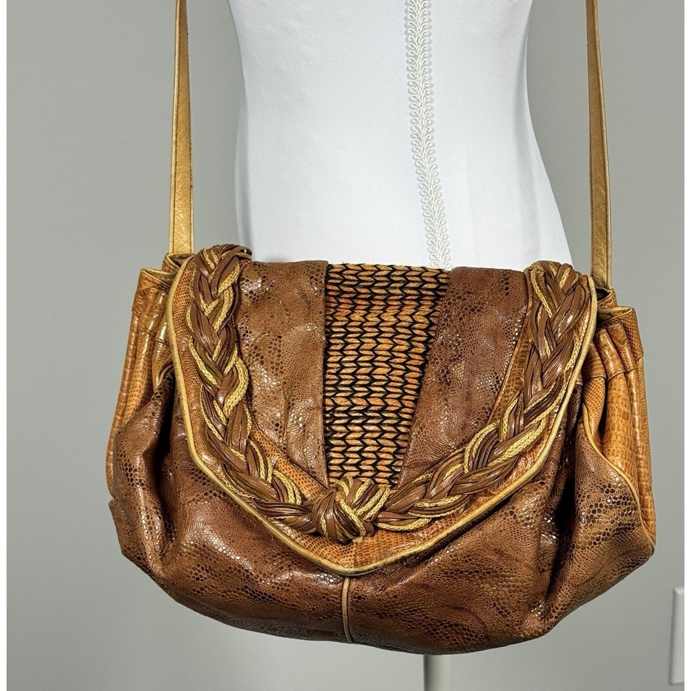 Vintage‎ Sharif Leather Crossbody Handbag Braided Trim Slouch Boho Western Brown